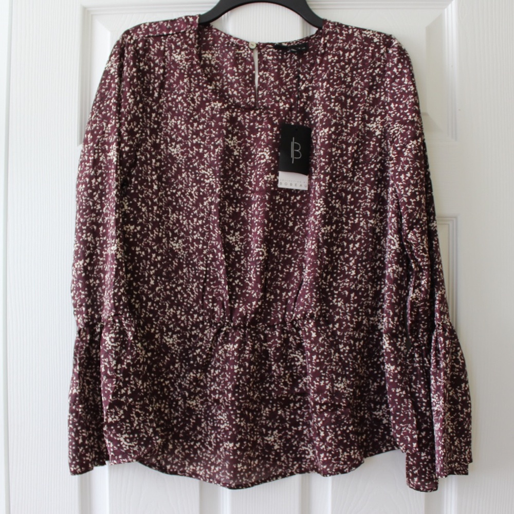Bobeau | burgundy cream patterned bell sleeve blouse